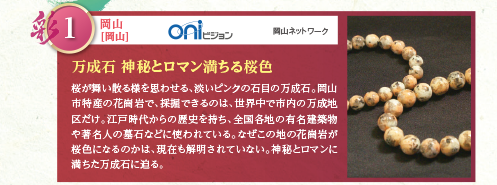 桜が舞い散る様を思わせる、淡いピンクの石目の万成石。岡山市特産の花崗岩で、採掘できるのは、世界中で市内の万成地区だけ。江戸時代からの歴史を持ち、全国各地の有名建築物や著名人の墓石などに使われている。なぜこの地の花崗岩が桜色になるのかは、現在も解明されていない。神秘とロマンに満ちた万成石に迫る。