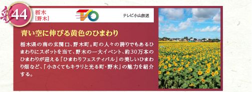 栃木県の南の玄関口、野木町。町の人々の誇りでもあるひまわりにスポットを当て、野木の一大イベント、約30万本のひまわりが迎える「ひまわりフェスティバル」の美しいひまわり畑など、「小さくてもキラリと光る町・野木」の魅力を紹介する。