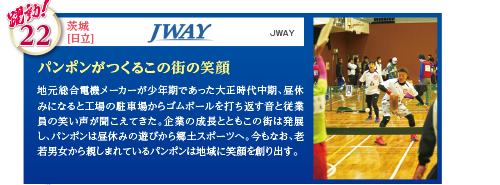 地元総合電機メーカーが少年期であった大正時代中期、昼休みになると工場の駐車場からゴムボールを打ち返す音と従業員の笑い声が聞こえてきた。企業の成長とともこの街は発展し、パンポンは昼休みの遊びから郷土スポーツへ。今もなお、老若男女から親しまれているパンポンは地域に笑顔を創り出す。